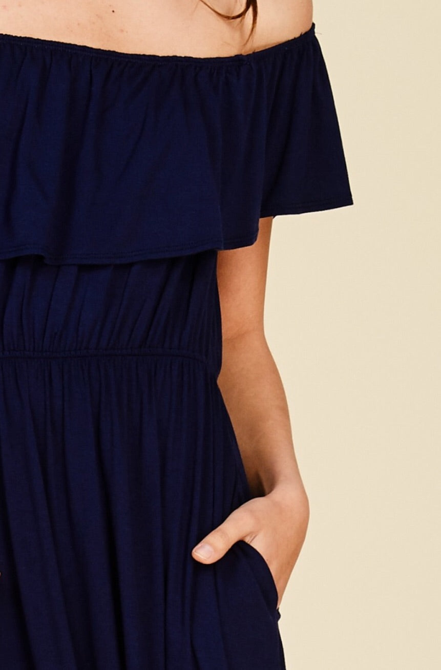 Lillie OTS Ruffle Dress-Navy