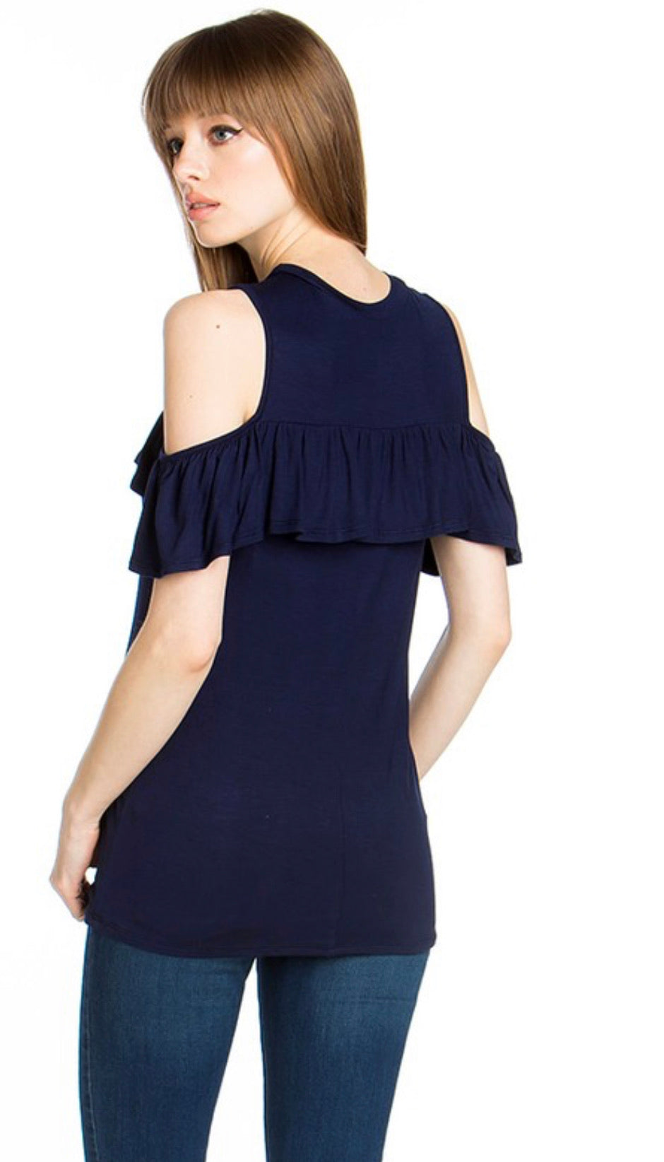 Navy Cold Shoulder Ruffle Top