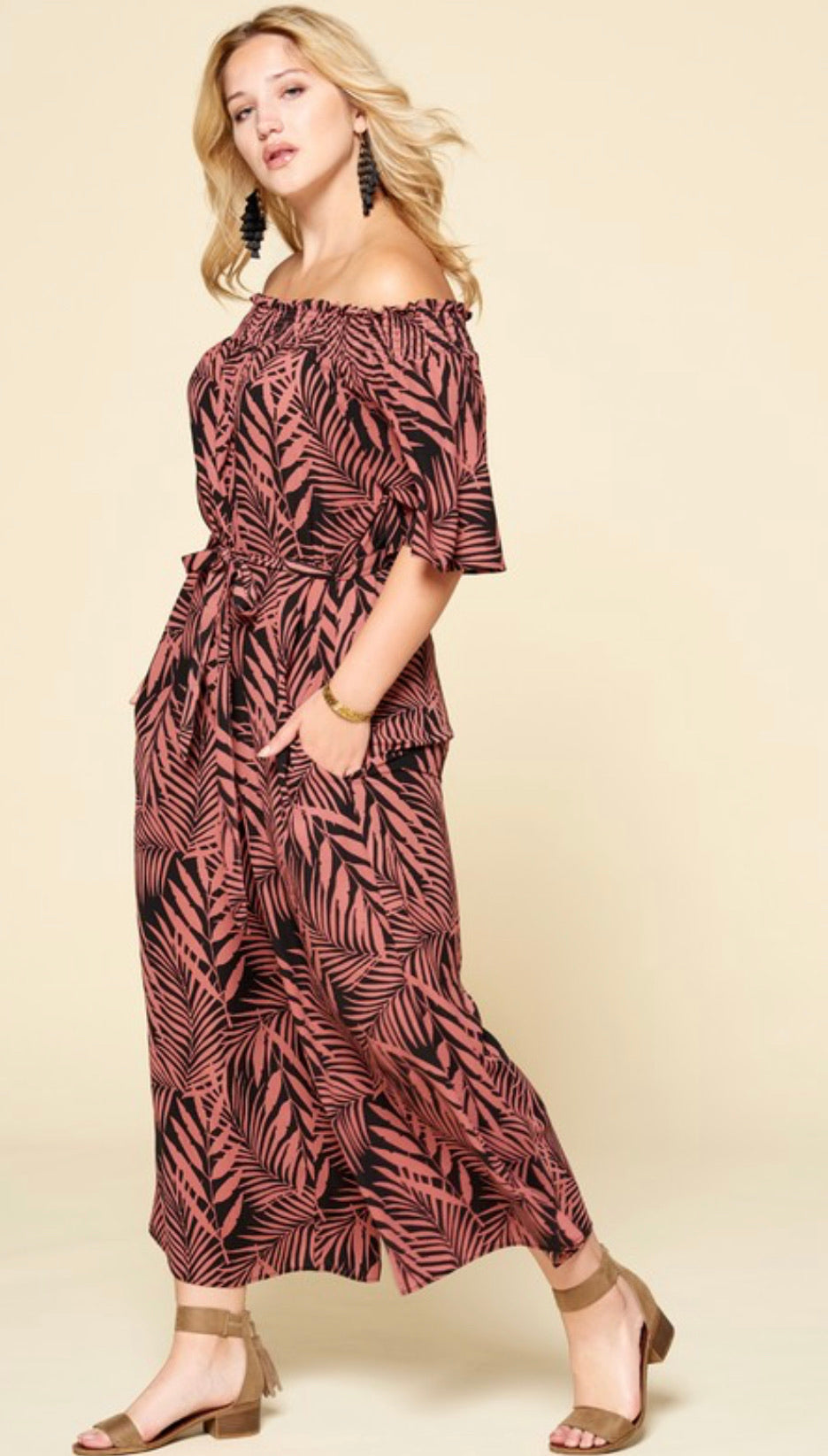 Tropical Haven Off Shoulder Jumpsuit-Plus Size