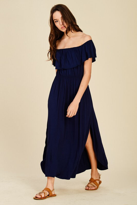 Lillie OTS Ruffle Dress-Navy