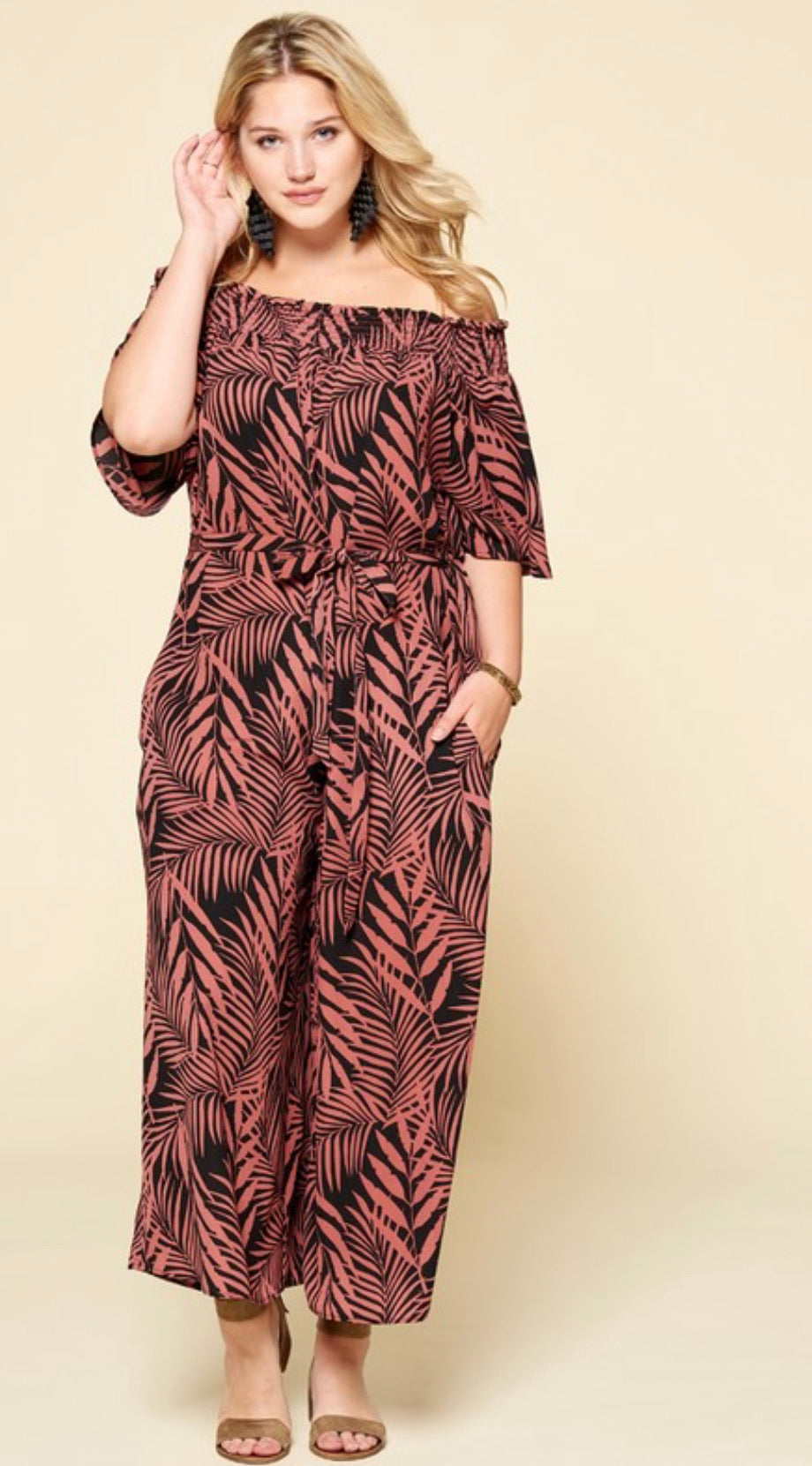 Tropical Haven Off Shoulder Jumpsuit-Plus Size