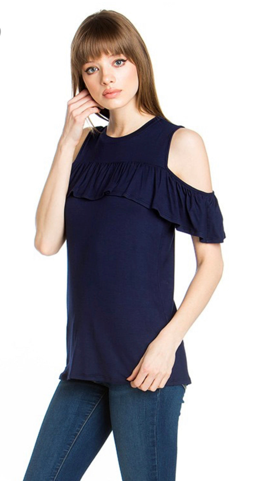 Navy Cold Shoulder Ruffle Top